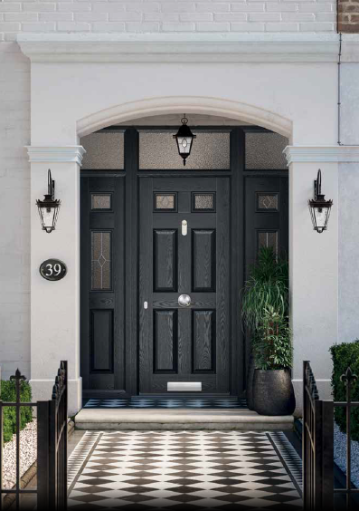 DoorStop Composite Doors Black with Side Screen Panels and Fanlights in Edwardian Building