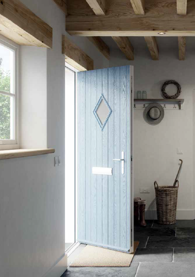 DoorStop Composite Doors Duck Egg Blue Diamond in Kitchen Dinner viewed from inside