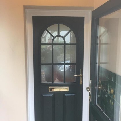 British Racing Green Composite Door with Sunburst Georgian Design installed for Mrs Rees i