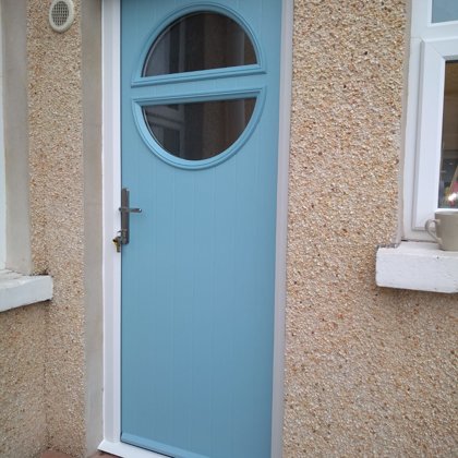Duck Egg Blue Circle Composite Door installed in Chepstow