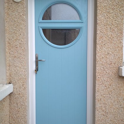 Duck Egg Blue Circle Composite Door installed in Chepstow