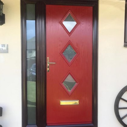 Red Composite Door with Rosewood Frame and Side LIghts for the Warrens of Abergavenny