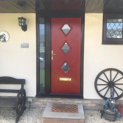 Red Composite Door with Rosewood Frame and Side LIghts for the Warrens of Abergavenny