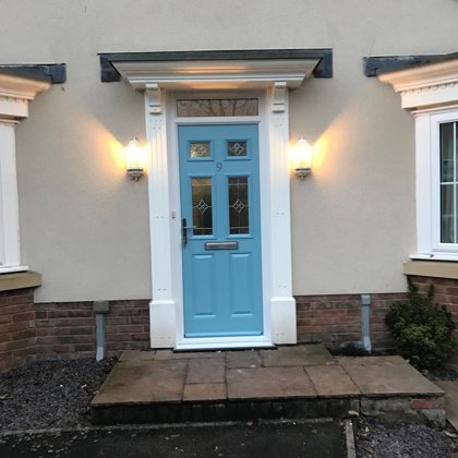 Door-Stop Duck Egg Blue Composite Door installed for the Hobbys' in Llanfoist