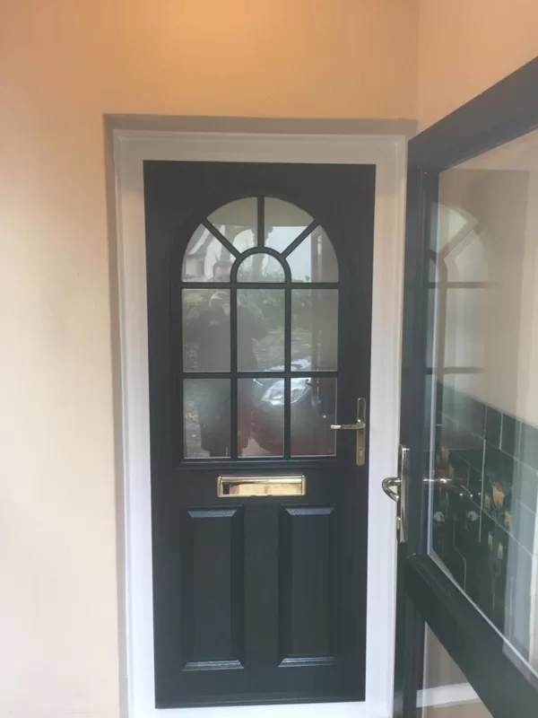 British Racing Green Composite Door with Sunburst Georgian Design installed for Mrs Rees i