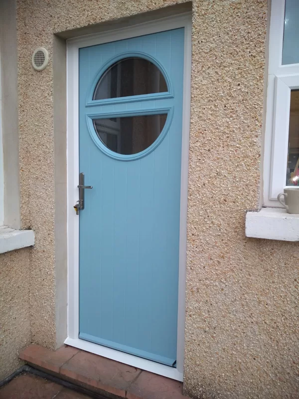 Duck Egg Blue Circle Composite Door installed in Chepstow