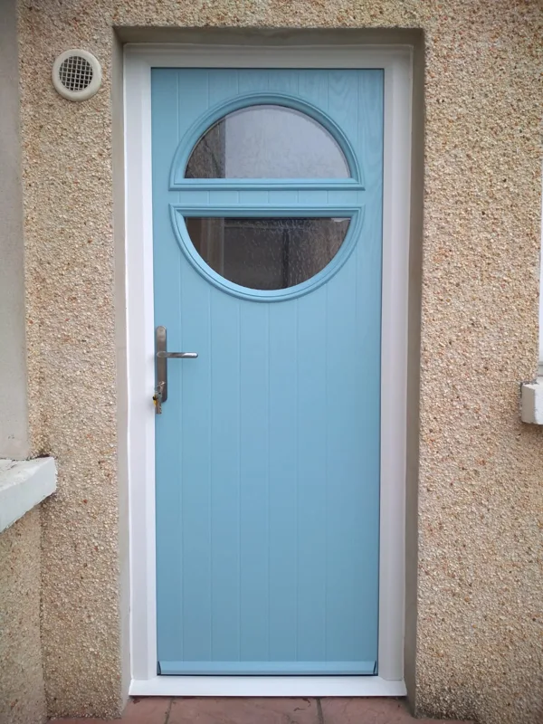 Duck Egg Blue Circle Composite Door installed in Chepstow