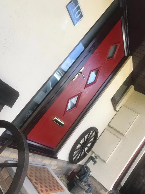 Red Composite Door with Rosewood Frame and Side LIghts for the Warrens of Abergavenny