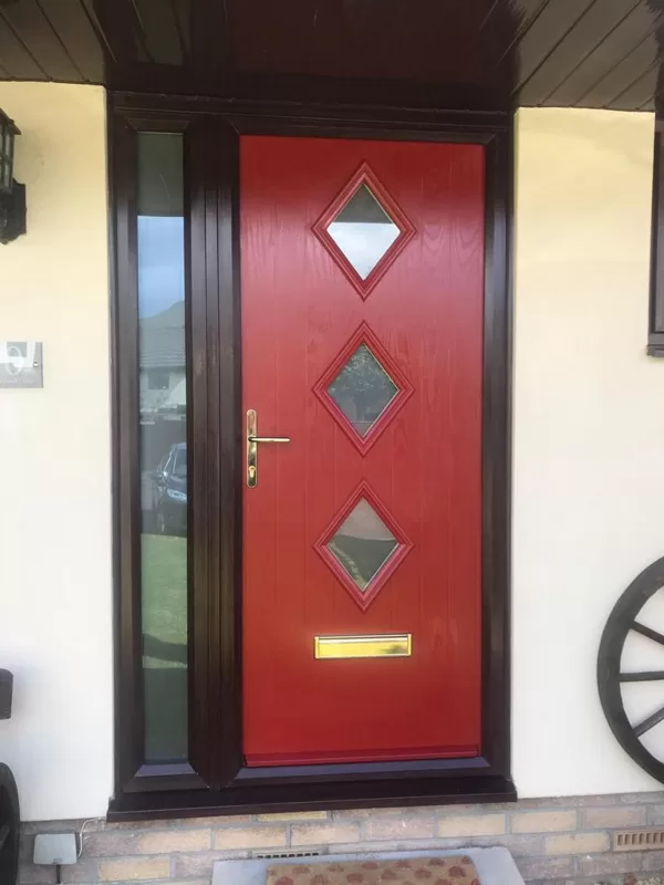 Red Composite Door with Rosewood Frame and Side LIghts for the Warrens of Abergavenny