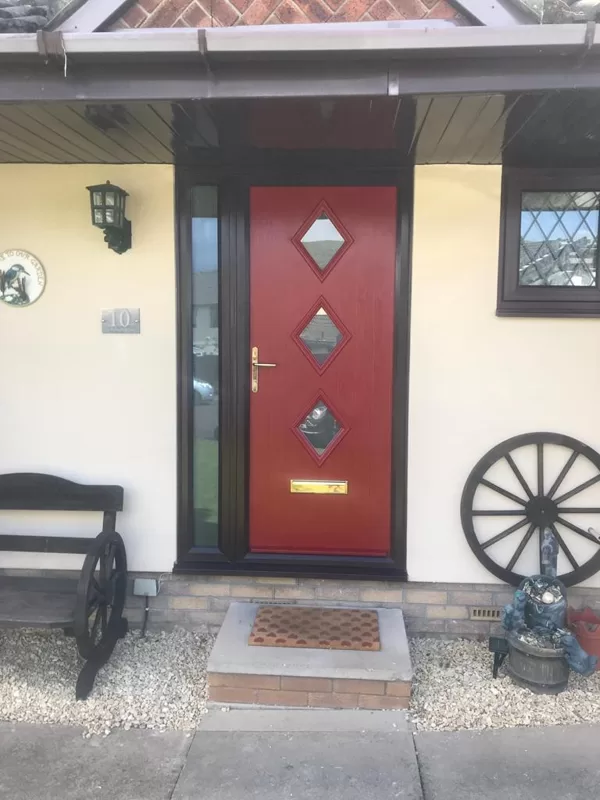 Red Composite Door with Rosewood Frame and Side LIghts for the Warrens of Abergavenny