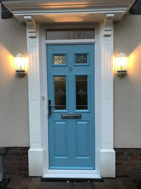 Door-Stop Duck Egg Blue Composite Door installed for the Hobbys' in Llanfoist